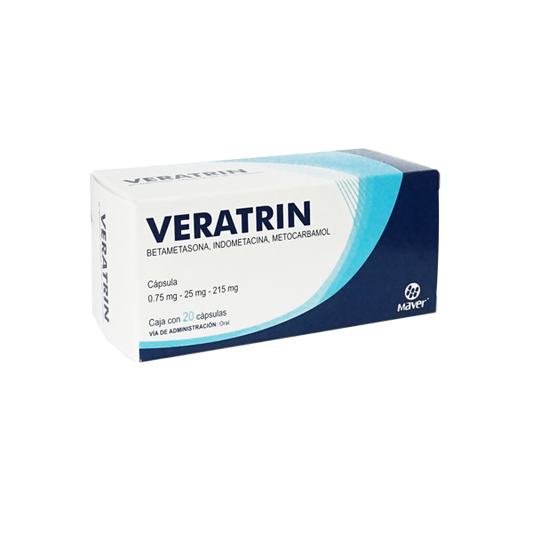 VERATRIN CAP 0.75/25/215 MG CAJA C20 (BETAMETASONA, INDOMETACINA, METOCARBAMOL)