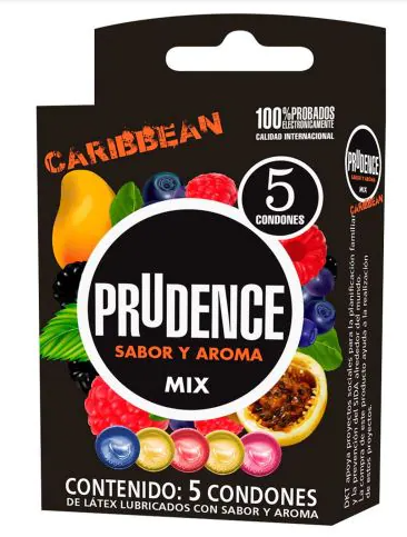 Prudence Caribbean Sabor Y Aroma Mix Condones Caja C/5 Condon De Hule Latex Lubricado- Lisos- Con